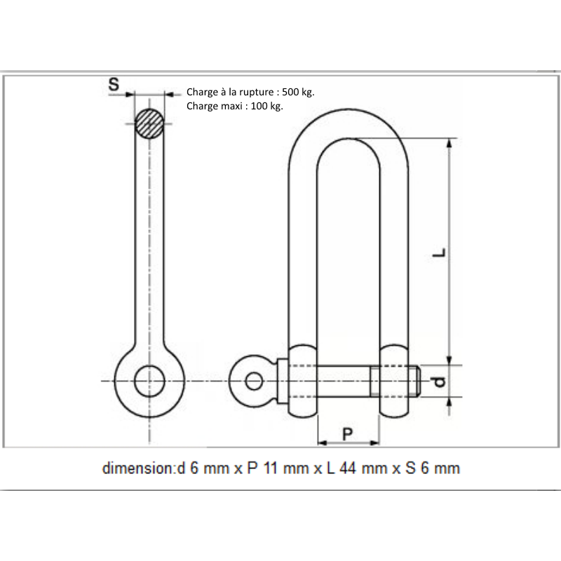 Manille Droite Longue Inox A4 Marine toutes tailles, du 4 au 12mm